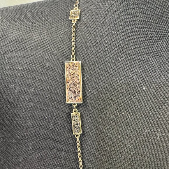 Gold Chain Rectangle Pendant Long Necklace Multicolor Textured Design Lobster Cl - Picture 3 of 4